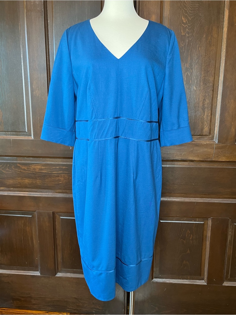 HUGO BOSS Elbise Sheath Dress 3/4 Sleeve V-Neck Women's 14 Wool Blend Silk Trim